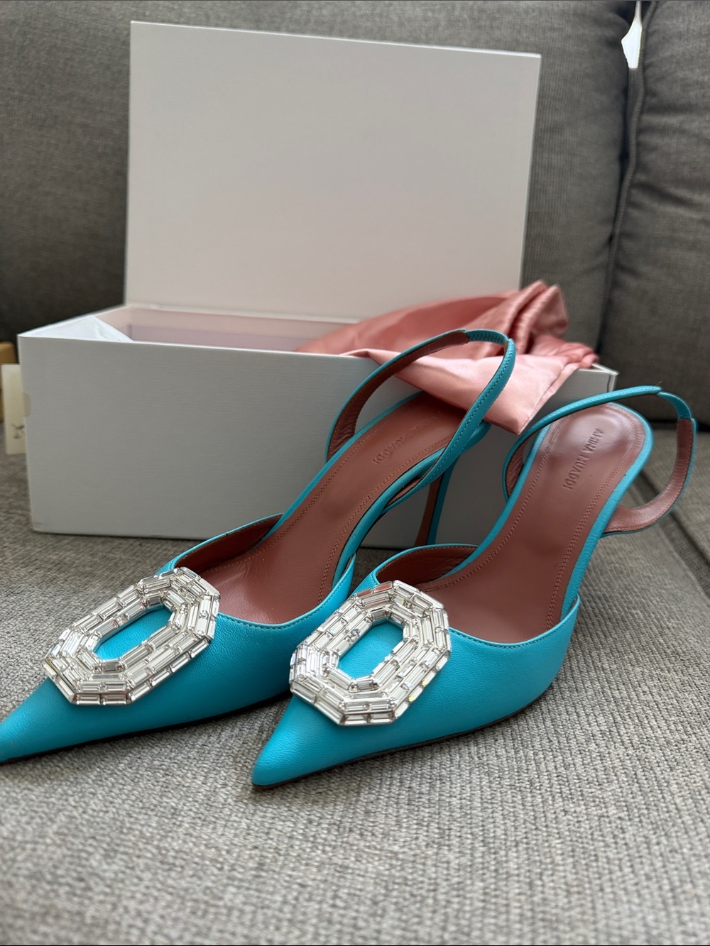 Amina Muaddi Turquoise Satin Pointed-Toe Slingback Pumps with Crystal Buckle